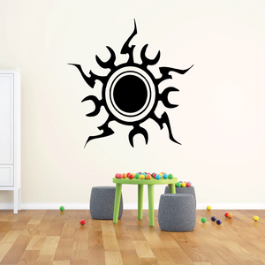 Black sun wall decal with circular center and flame-like rays, vinyl sticker