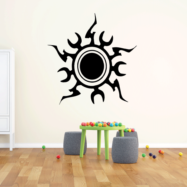 Black sun wall decal with circular center and flame-like rays, vinyl sticker