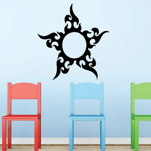 Black ornate sun wall decal with flame-like rays and circular center