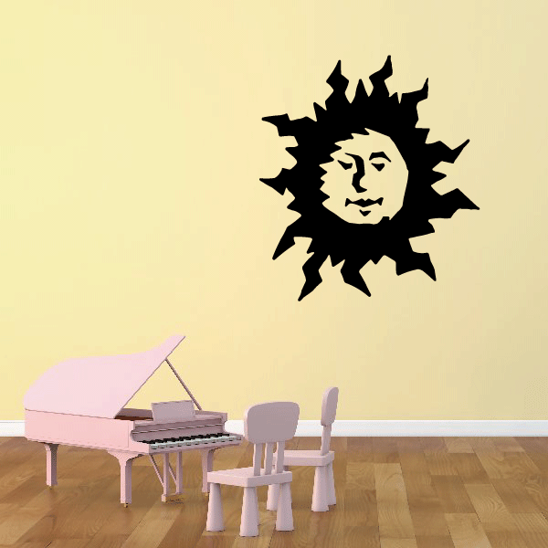 Black sun wall decal with stylized face, vinyl sticker