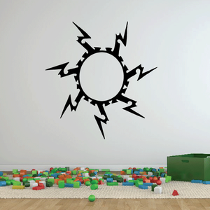 Black sunburst wall decal with circular center and jagged rays, vinyl