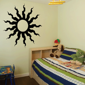 Black sun wall decal with spiky rays, vinyl sticker