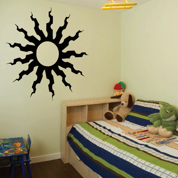 Black sun wall decal with spiky rays, vinyl sticker