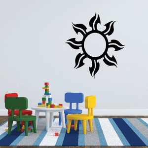 Black sun wall decal with spiky rays and a center circle, vinyl