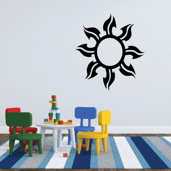 Black sun wall decal with spiky rays and a center circle, vinyl