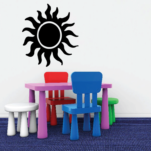 Black sun wall decal with white outline, vinyl sticker
