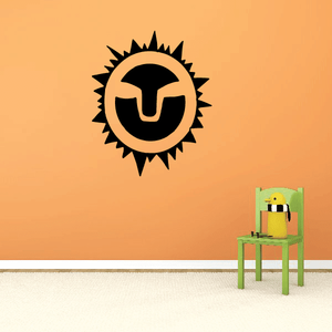Black sun wall decal with bold U-shaped center and spiky rays