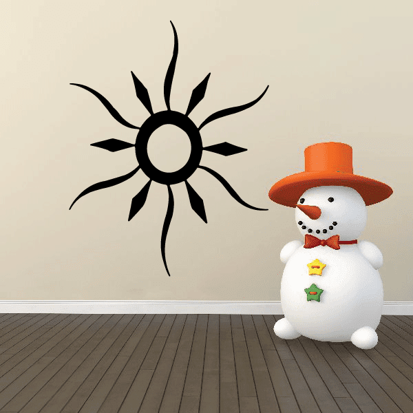 Vinyl sun and snowman wall decal with black rays, orange hat, red scarf