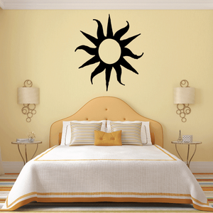 Sun wall decal: black sunburst with yellow center, vinyl wall sticker