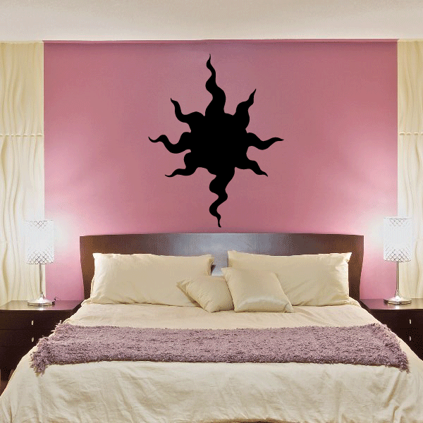 Black sunburst wall vinyl decal sticker with curly rays silhouette