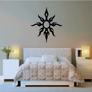Sun wall decal vinyl sticker, black sunburst with central circle and spiky rays