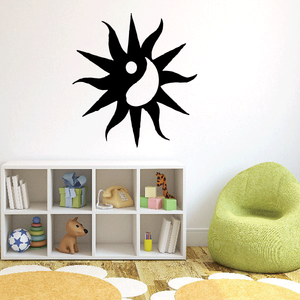 Sun ying yang vinyl wall decal, black sunburst symbol with central circle