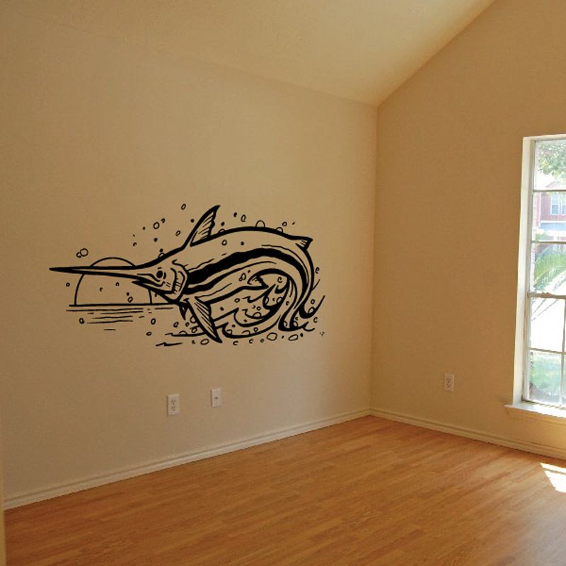 Black swordfish wall decal with stylized wave lines