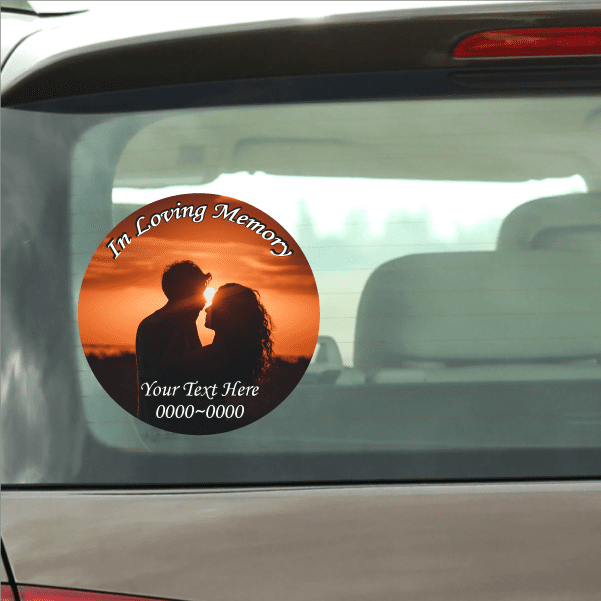 Memorial couple custom sticker, circular design with orange sunset silhouette and text.