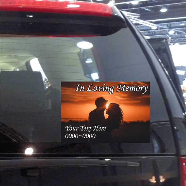 Memorial couple sticker with sunset silhouettes and “In Loving Memory” text