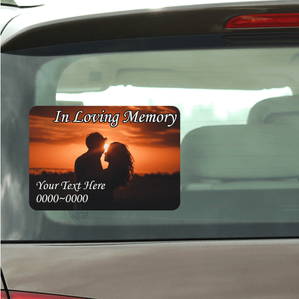 Memorial sticker with sunset couple silhouettes, 'In Loving Memory' and 'Your Text Here'