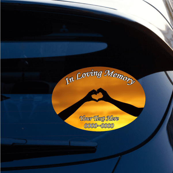 Round In Loving Memory hand-heart custom sticker with sunset gradient and text