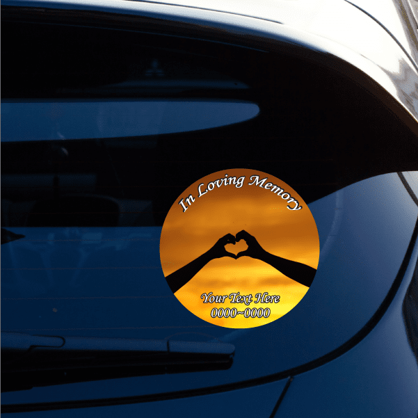 Circular custom memorial sticker with hand-heart silhouette and editable text layout