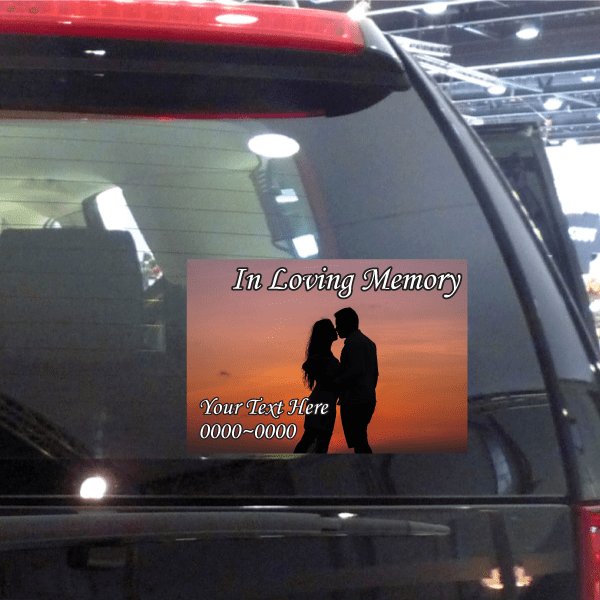 Custom memorial sticker for car window with couple silhouette and sunset text 'In Loving Memory'