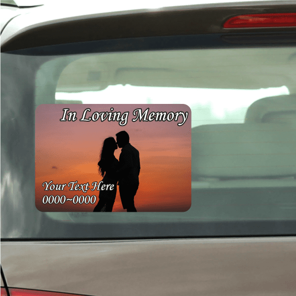 Memorial sticker: sunset gradient rectangle with couple silhouettes and 'In Loving Memory' text.