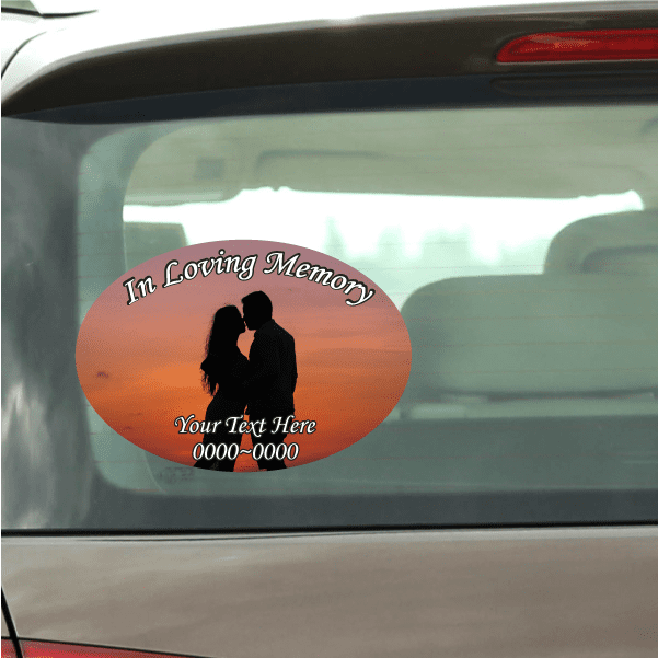 Memorial car window sticker with couple silhouette and 'In Loving Memory' wording