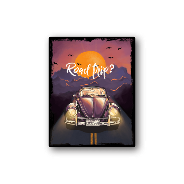 Road trip VW Bug vinyl sticker with sunset road and cursive lettering