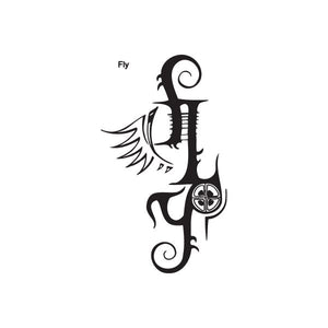 Graffiti-style fly wall decal with black lettering and ornamented design