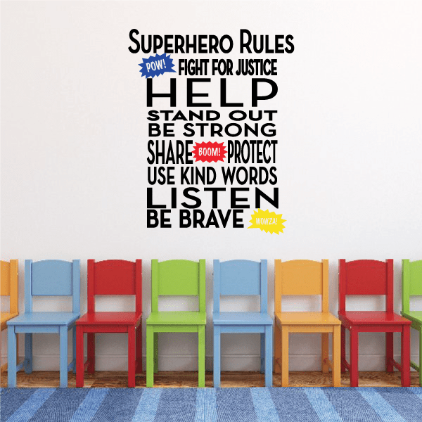 Super Hero Rules word collage decal with bold superhero phrases in colorful text