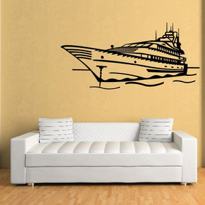 Black yacht decal silhouette with detailed hull and mast, wall sticker