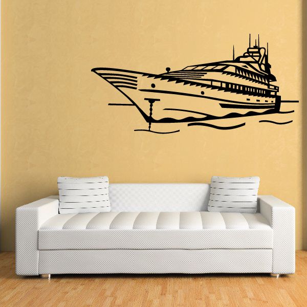 Black yacht decal silhouette with detailed hull and mast, wall sticker