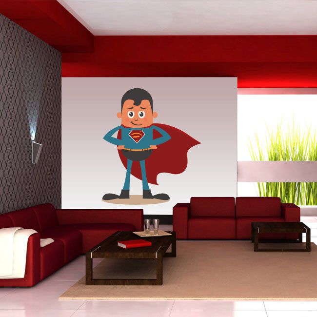 Superhero cape cartoon sticker of boy in blue suit with red flowing cape