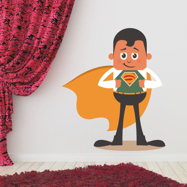 Superhero character changing clothes sticker, orange cape, white shirt, dark pants