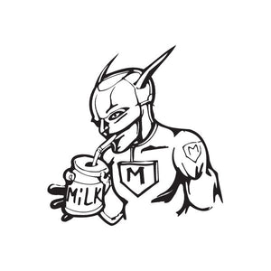 Superhero drinking milk decal sticker, black-and-white character holding mug