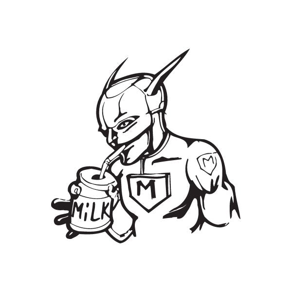 Superhero drinking milk decal sticker, black-and-white character holding mug