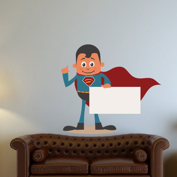 Cartoon superhero holding a white sign with red cape wall sticker