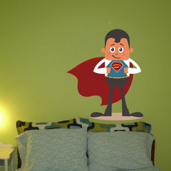 Superhero sticker with red cape, cartoon boy in blue and dark pants