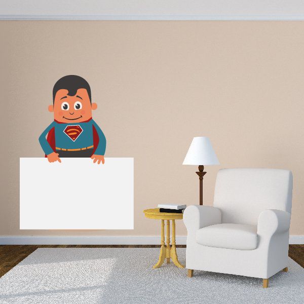 Superhero character sticker pointing at blank sign, colorful cartoon style