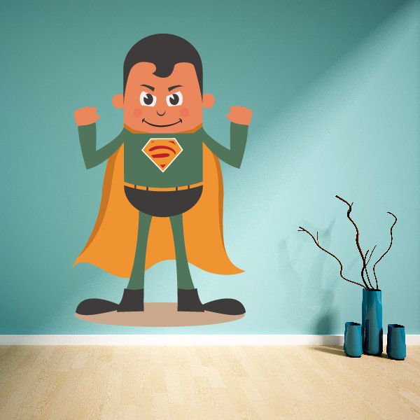 Superhero character sticker with orange cape and green suit, chest emblem