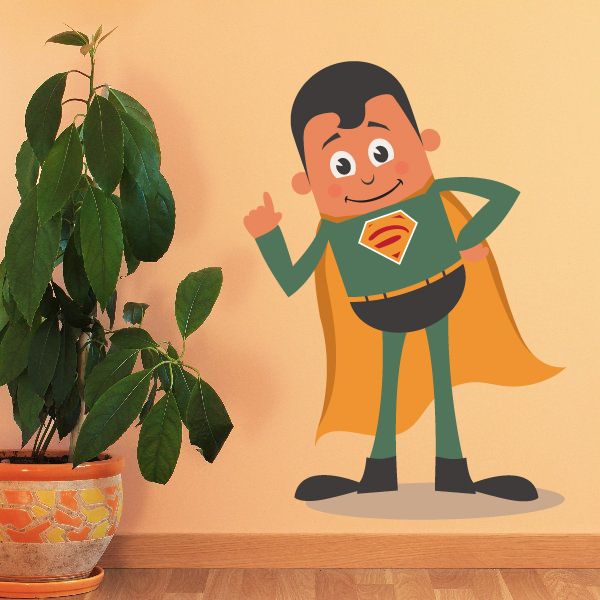 Cartoon superhero boy sticker with green suit, orange cape, and arms raised