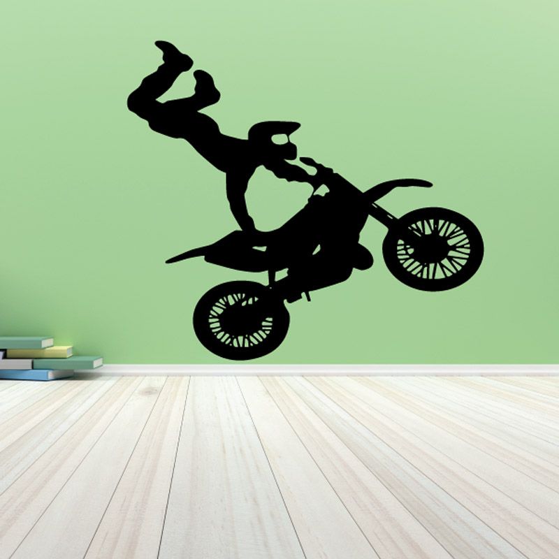 Dirt bike rider silhouette seat grab decal with front wheel and raised arm