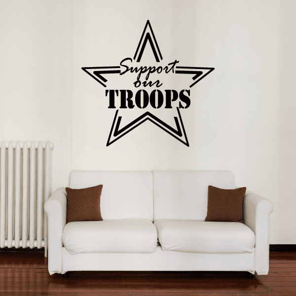 Support our Troops decal, black star wings with script and bold 'TROOPS' text