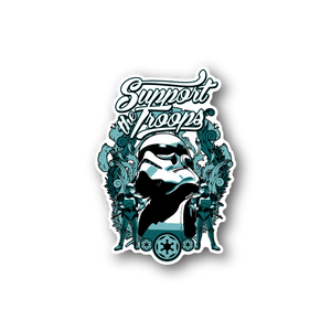 Vinyl sticker with 'Support Troops' text and teal/black soldier graphic