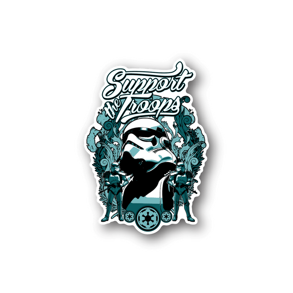 Vinyl sticker with 'Support Troops' text and teal/black soldier graphic