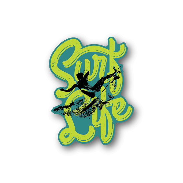 Vinyl surf life sticker with lime green and teal lettering and surfer silhouette