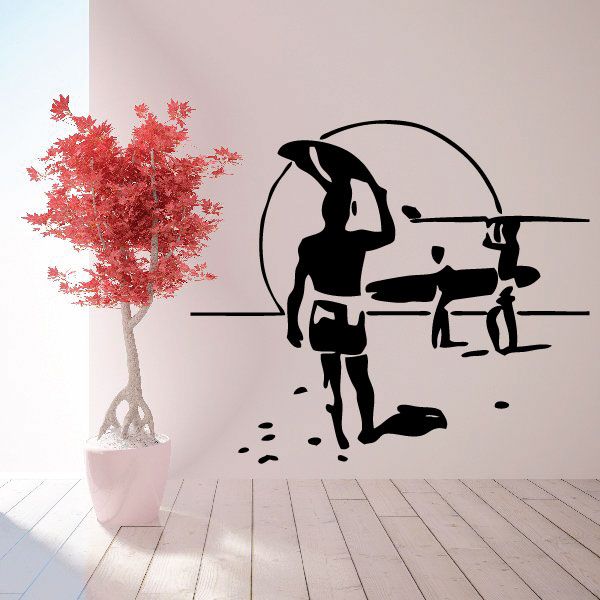 Beach decal: black surfer walking with surfboard, footprints, circular outline