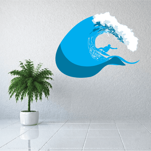 Blue wave surfing sticker with surfer silhouette and spray details