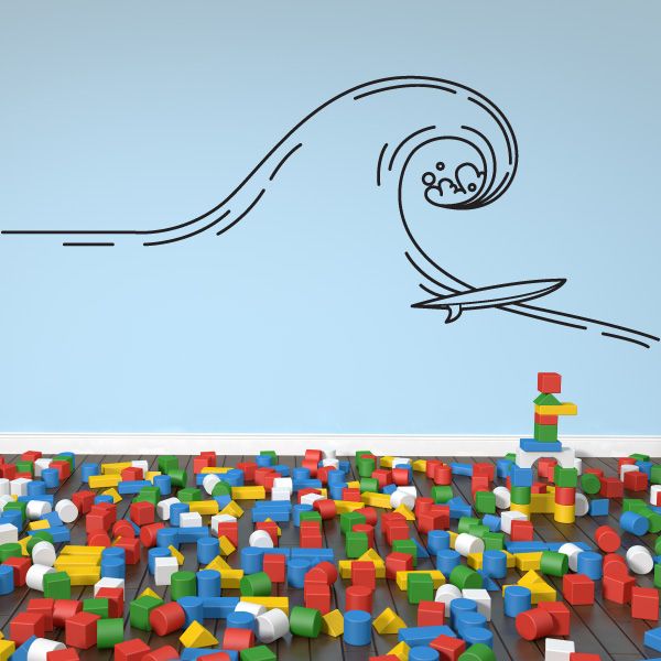 Surfing line art decal featuring a surfboard rider outline and wave icon