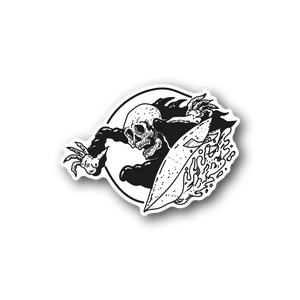 Surfing skeleton vinyl sticker, black-and-white skeleton riding a surfboard.