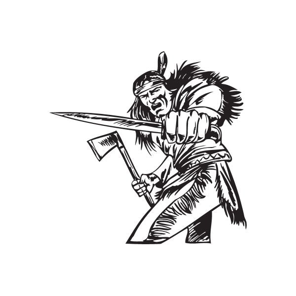 Surprised Native American warrior decal, black ink illustration holding sword