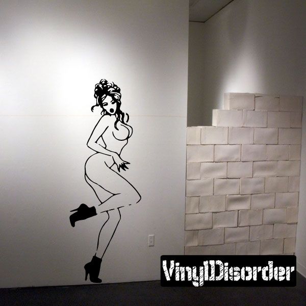 Black line-art nude woman wall decal in high heels, surprised pose